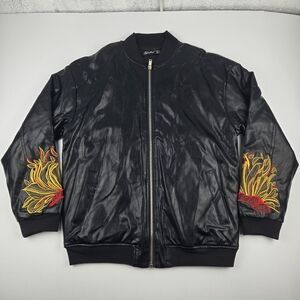Buds of Beads Floral Embroidered Faux Leather Bomber Jacket Black XL